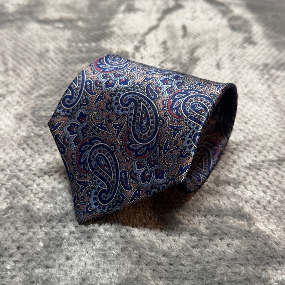 Lazarus Mens Silk Paisley Tie Blue Red Tan Geometric Made in‎ USA RN 21836